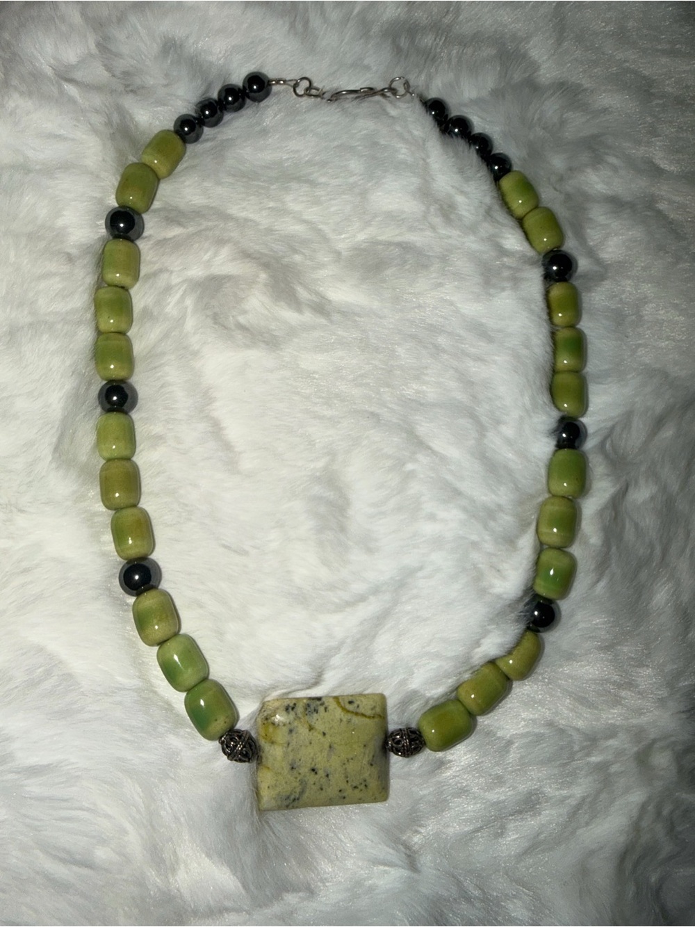 Green Beaded Stone Necklace with Square Pendant - Unbranded